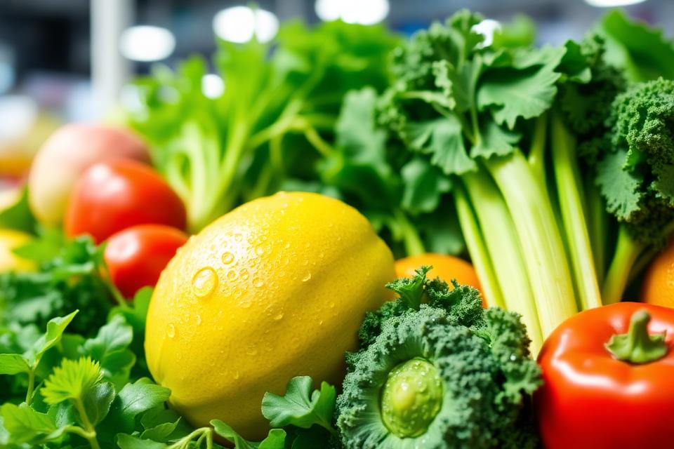 Legume și fructe proaspete cu picături de apă