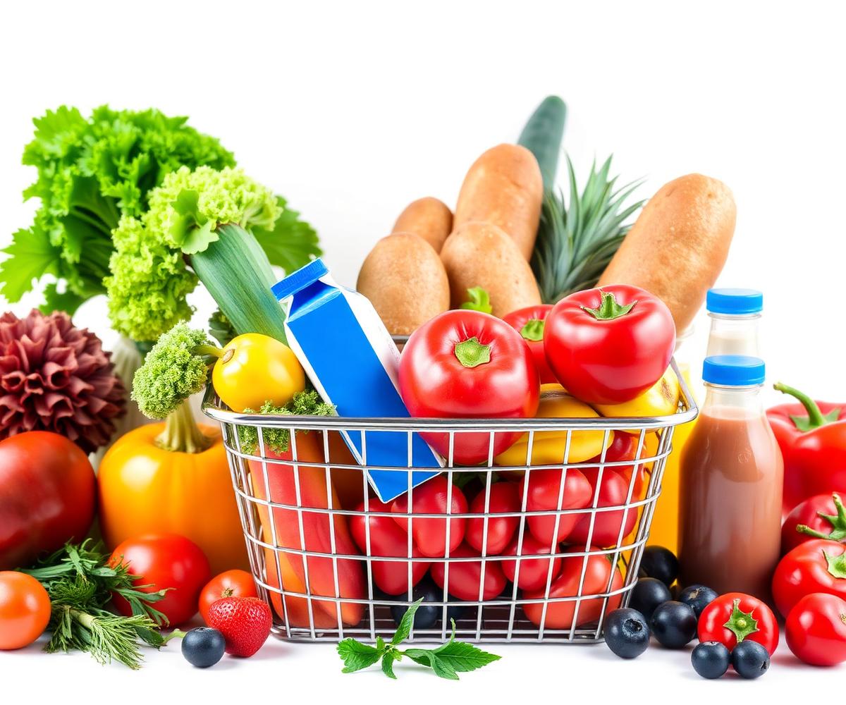 Coș de cumpărături cu produse proaspete: legume, fructe, pâine și băuturi